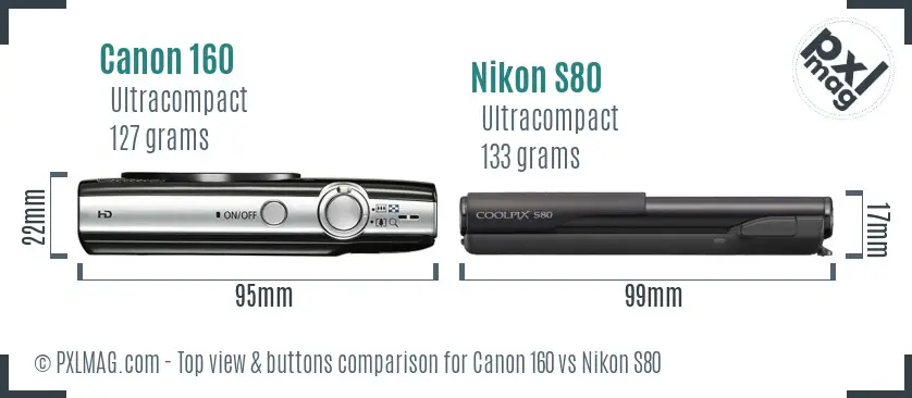 Canon 160 vs Nikon S80 top view buttons comparison