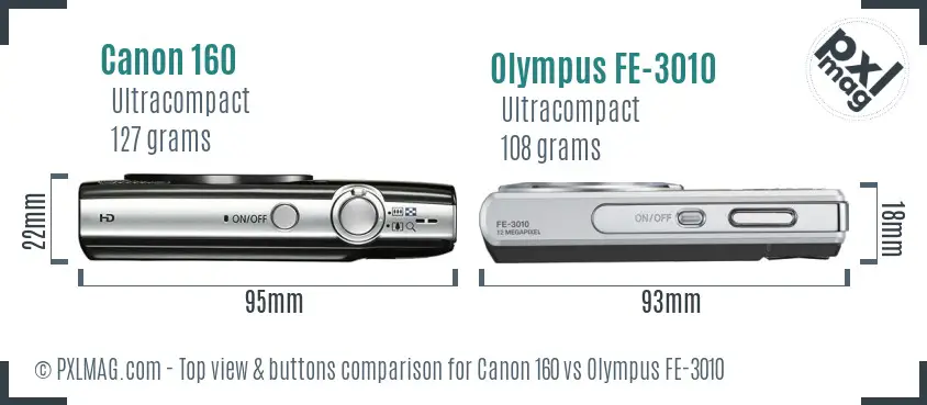 Canon 160 vs Olympus FE-3010 top view buttons comparison