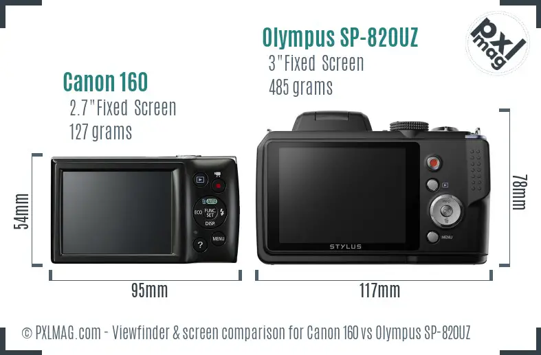 Canon 160 vs Olympus SP-820UZ Screen and Viewfinder comparison