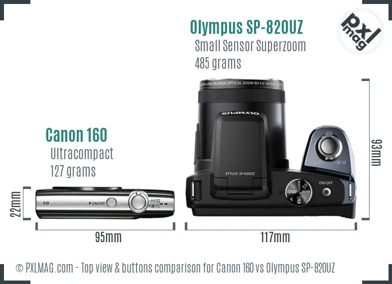 Canon 160 vs Olympus SP-820UZ top view buttons comparison