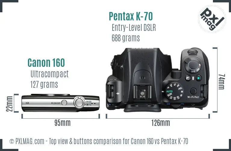 Canon 160 vs Pentax K-70 top view buttons comparison