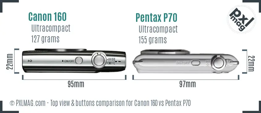 Canon 160 vs Pentax P70 top view buttons comparison