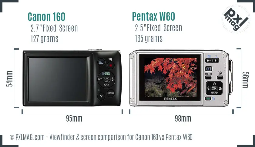 Canon 160 vs Pentax W60 Screen and Viewfinder comparison