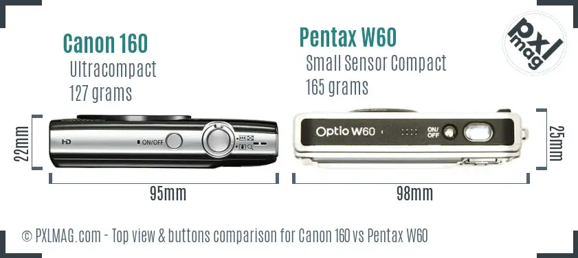 Canon 160 vs Pentax W60 top view buttons comparison