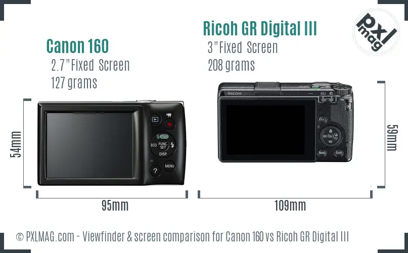 Canon 160 vs Ricoh GR Digital III Screen and Viewfinder comparison
