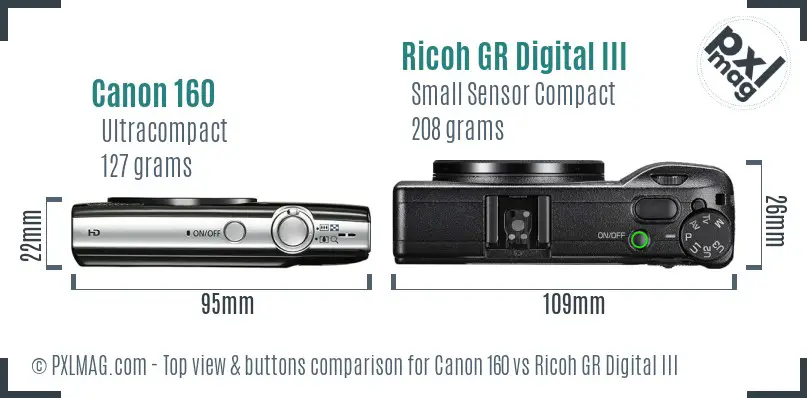 Canon 160 vs Ricoh GR Digital III top view buttons comparison