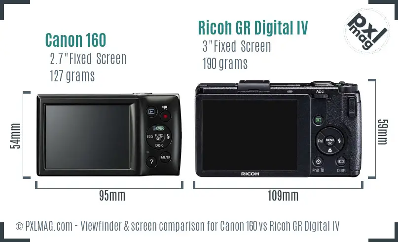 Canon 160 vs Ricoh GR Digital IV Screen and Viewfinder comparison