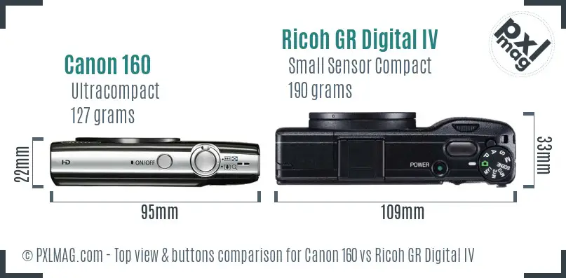 Canon 160 vs Ricoh GR Digital IV top view buttons comparison
