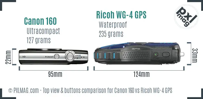 Canon 160 vs Ricoh WG-4 GPS top view buttons comparison