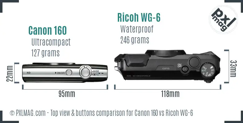 Canon 160 vs Ricoh WG-6 top view buttons comparison