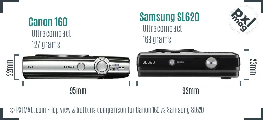 Canon 160 vs Samsung SL620 top view buttons comparison Canon 160 vs Samsung SL620 top view buttons comparison