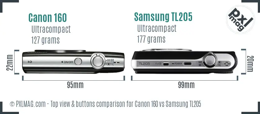 Canon 160 vs Samsung TL205 top view buttons comparison