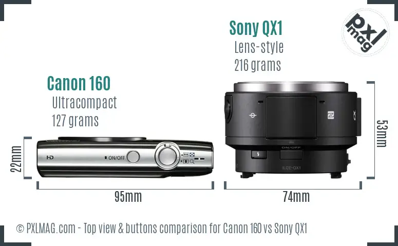 Canon 160 vs Sony QX1 top view buttons comparison