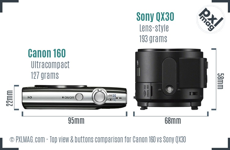 Canon 160 vs Sony QX30 top view buttons comparison