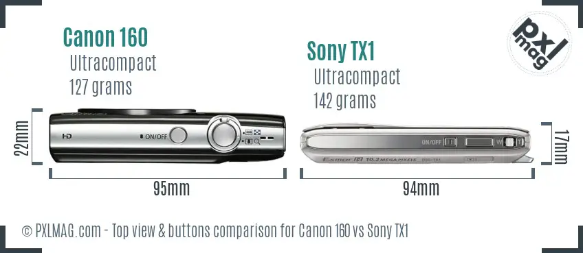 Canon 160 vs Sony TX1 top view buttons comparison