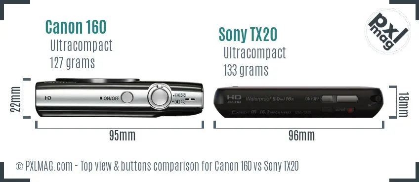 Canon 160 vs Sony TX20 top view buttons comparison