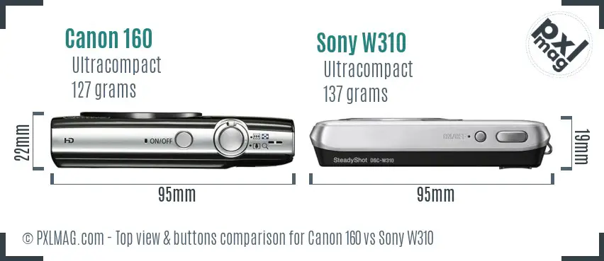 Canon 160 vs Sony W310 top view buttons comparison Canon 160 vs Sony W310 top view buttons comparison