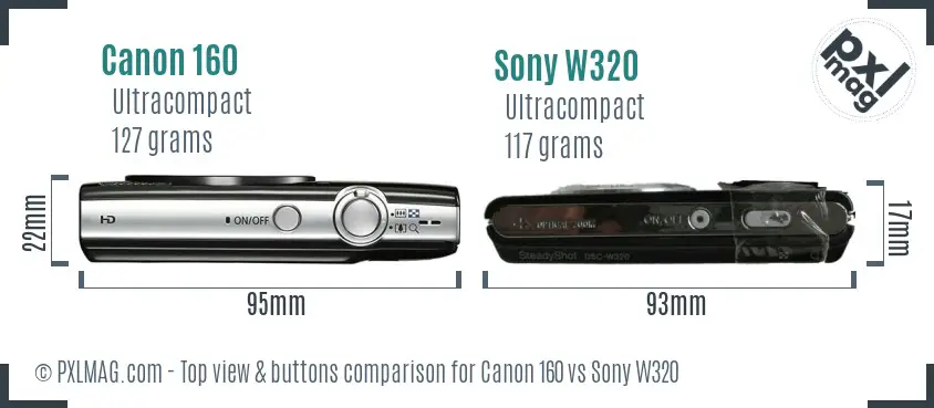 Canon 160 vs Sony W320 top view buttons comparison Canon 160 vs Sony W320 top view buttons comparison