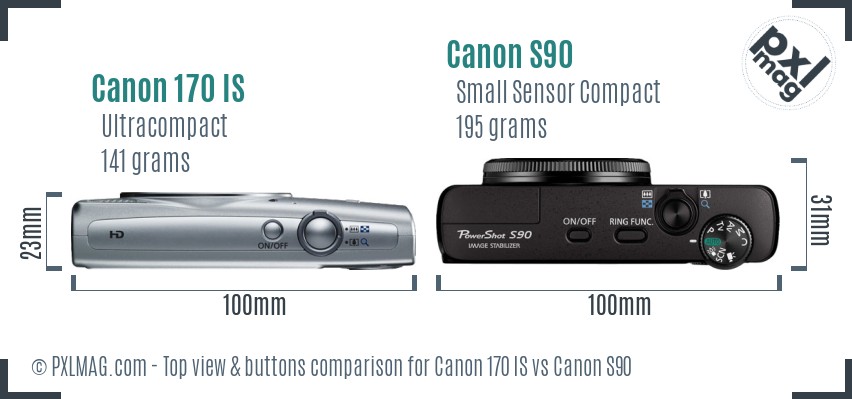 Canon 170 IS vs Canon S90 top view buttons comparison
