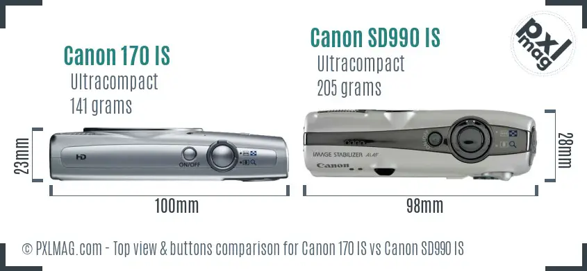 Canon 170 IS vs Canon SD990 IS top view buttons comparison