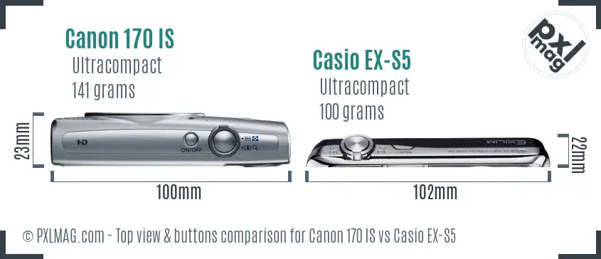 Canon 170 IS vs Casio EX-S5 top view buttons comparison