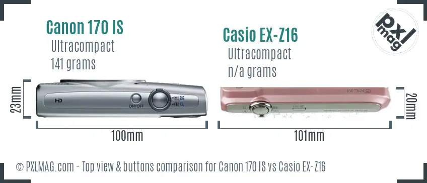 Canon 170 IS vs Casio EX-Z16 top view buttons comparison