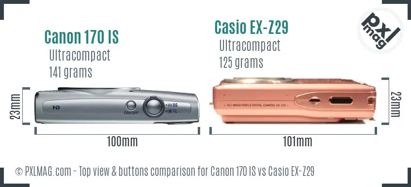 Canon 170 IS vs Casio EX-Z29 top view buttons comparison