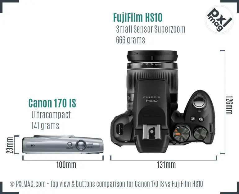 Canon 170 IS vs FujiFilm HS10 top view buttons comparison Canon 170 IS vs FujiFilm HS10 top view buttons comparison