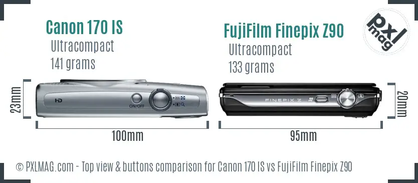 Canon 170 IS vs FujiFilm Finepix Z90 top view buttons comparison Canon 170 IS vs FujiFilm Finepix Z90 top view buttons comparison