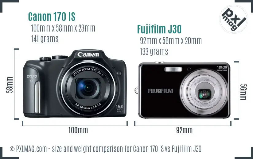 Canon 170 IS vs Fujifilm J30 size comparison