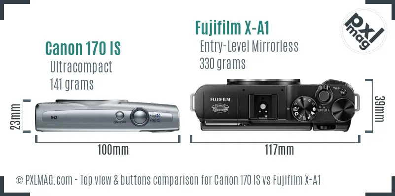 Canon 170 IS vs Fujifilm X-A1 top view buttons comparison