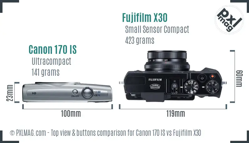 Canon 170 IS vs Fujifilm X30 top view buttons comparison