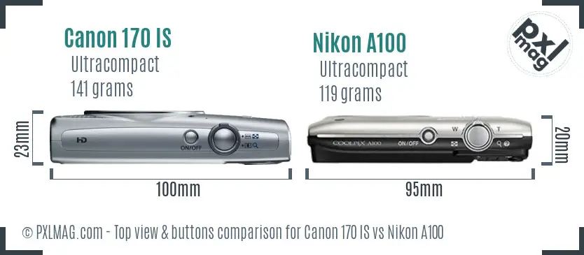 Canon 170 IS vs Nikon A100 top view buttons comparison