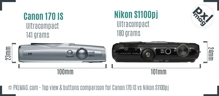 Canon 170 IS vs Nikon S1100pj top view buttons comparison