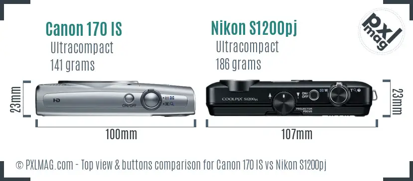 Canon 170 IS vs Nikon S1200pj top view buttons comparison