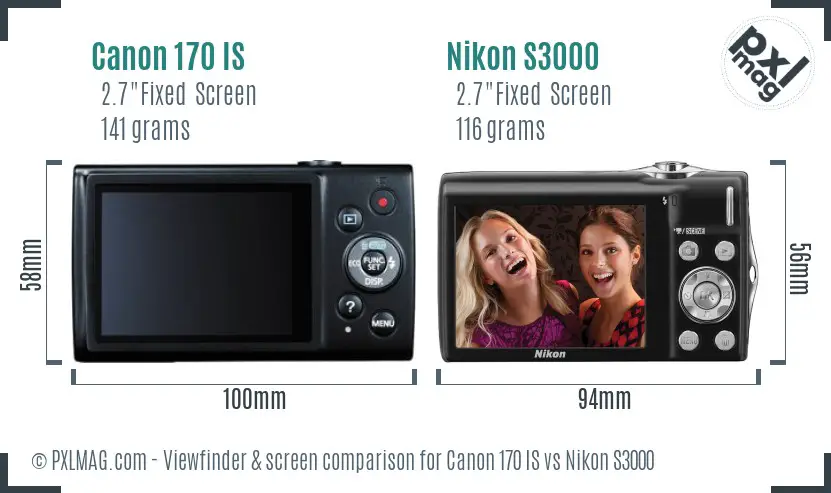 Canon 170 IS vs Nikon S3000 Screen and Viewfinder comparison