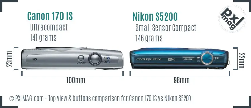 Canon 170 IS vs Nikon S5200 top view buttons comparison