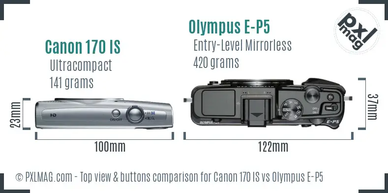 Canon 170 IS vs Olympus E-P5 top view buttons comparison