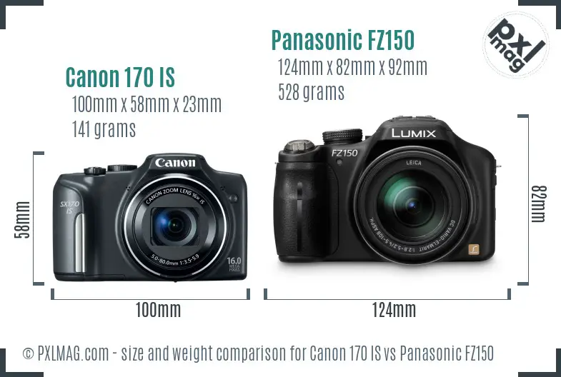 Canon 170 IS vs Panasonic FZ150 size comparison