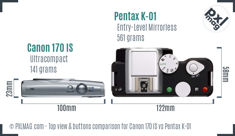 Canon 170 IS vs Pentax K-01 top view buttons comparison
