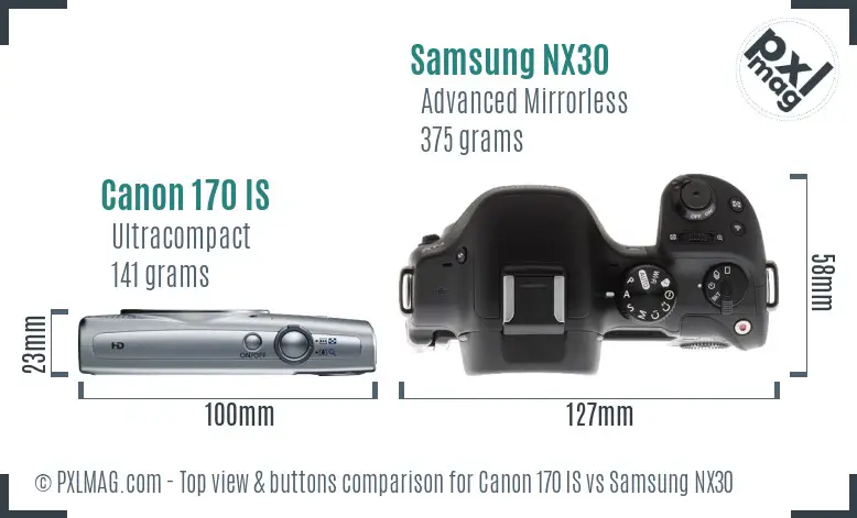 Canon 170 IS vs Samsung NX30 top view buttons comparison