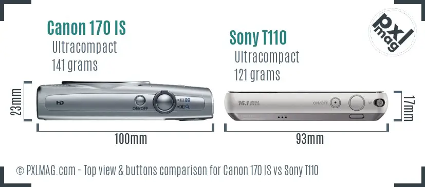 Canon 170 IS vs Sony T110 top view buttons comparison