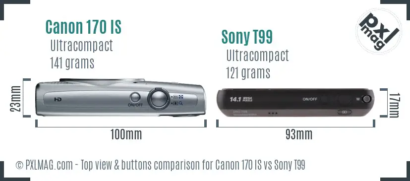 Canon 170 IS vs Sony T99 top view buttons comparison