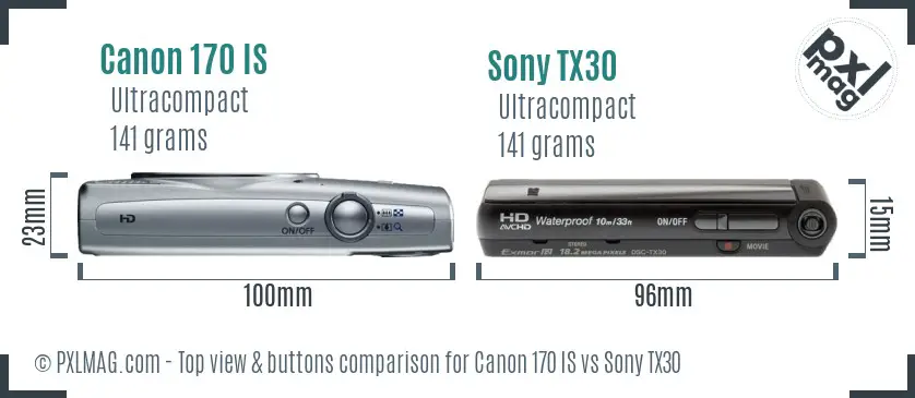 Canon 170 IS vs Sony TX30 top view buttons comparison