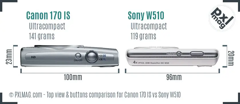 Canon 170 IS vs Sony W510 top view buttons comparison