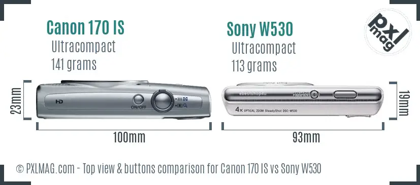 Canon 170 IS vs Sony W530 top view buttons comparison