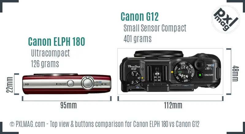 Canon ELPH 180 vs Canon G12 top view buttons comparison
