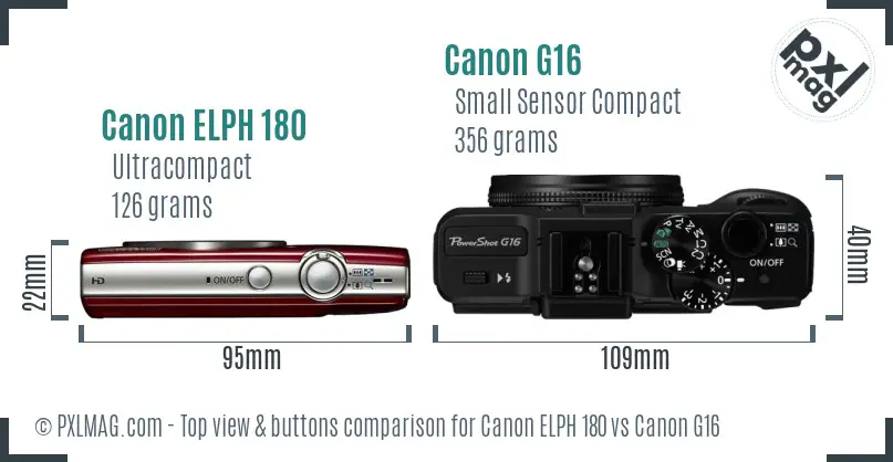 Canon ELPH 180 vs Canon G16 top view buttons comparison