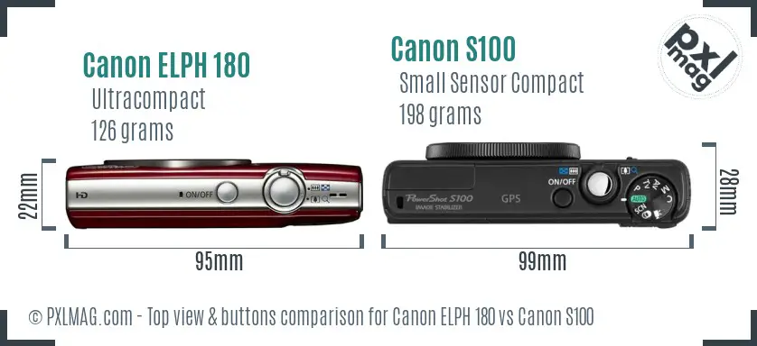 Canon ELPH 180 vs Canon S100 top view buttons comparison Canon ELPH 180 vs Canon S100 top view buttons comparison