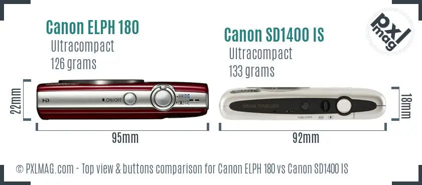 Canon ELPH 180 vs Canon SD1400 IS top view buttons comparison Canon ELPH 180 vs Canon SD1400 IS top view buttons comparison